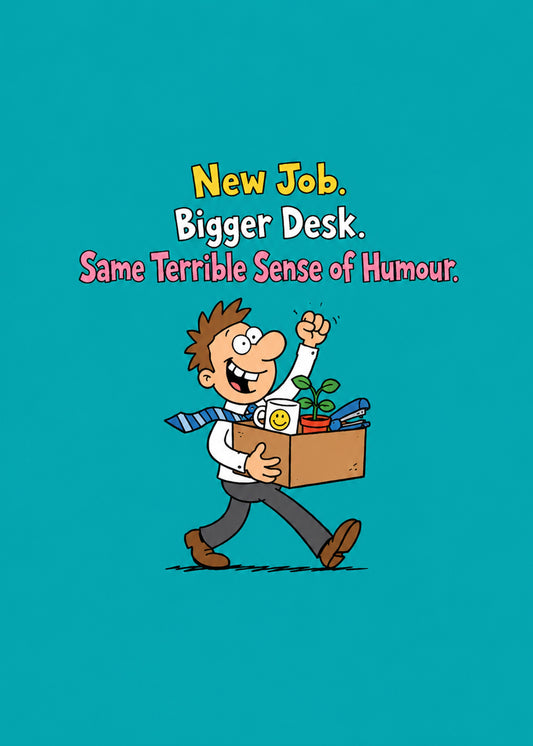 Funny leaving card showing a delighted cartoon man punching the air while carrying his desk box, with New Job text, by Gigglz