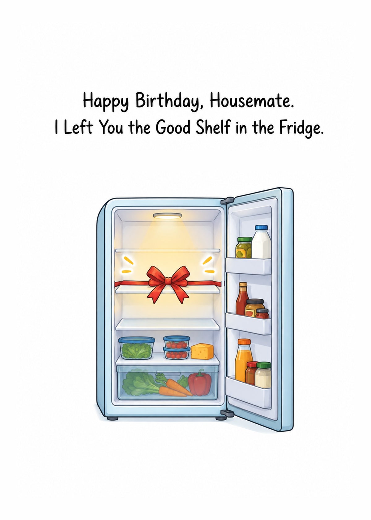 Funny birthday card showing an open fridge with one empty shelf tied in a red gift bow on a white ground, by Gigglz