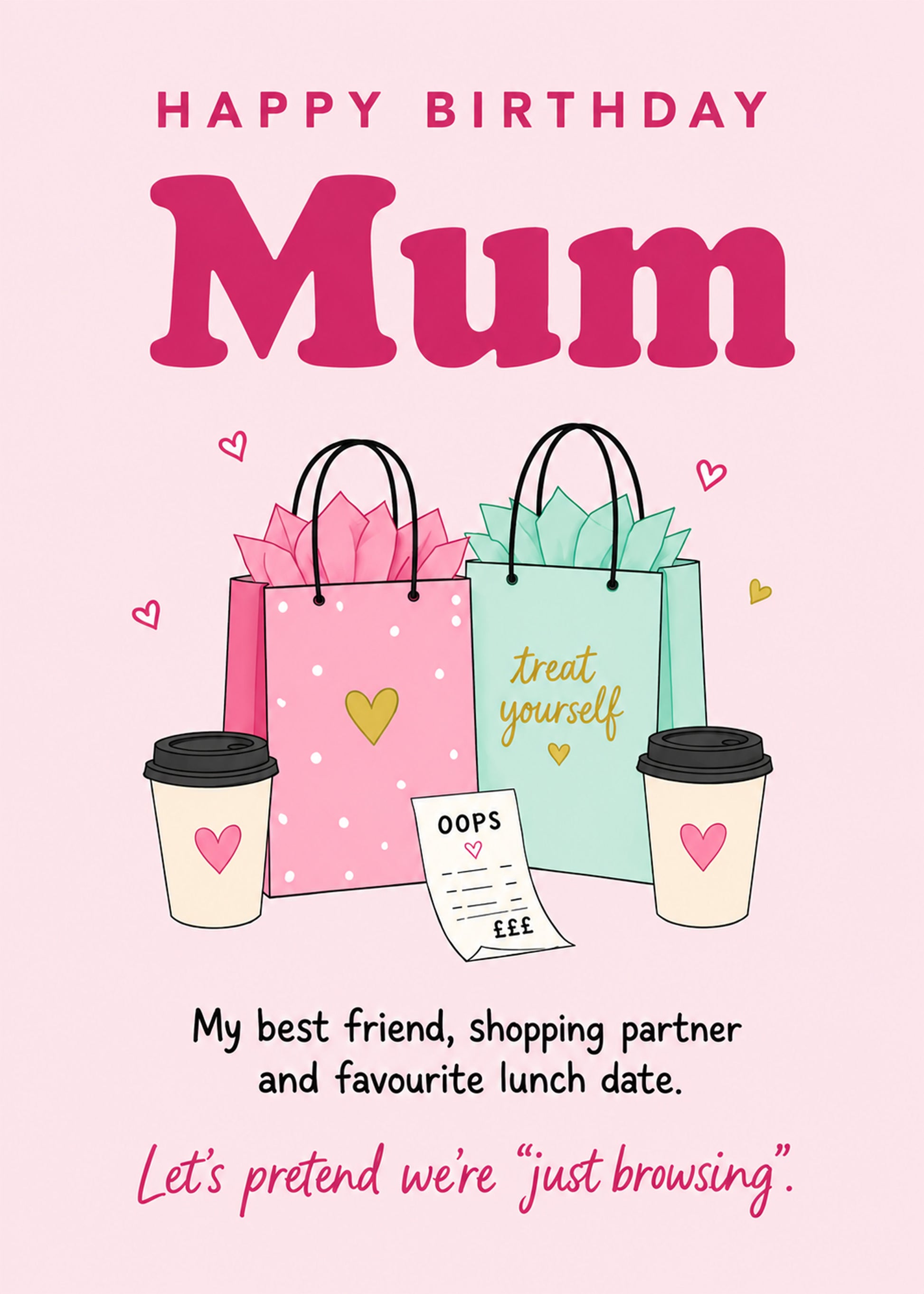 Funny birthday card for Mum with shopping bags and coffee by Gigglz