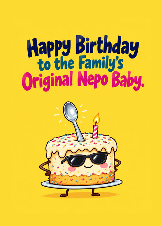Funny birthday card showing a cool cartoon birthday cake in sunglasses with a spoon and candle on a yellow ground, by Gigglz