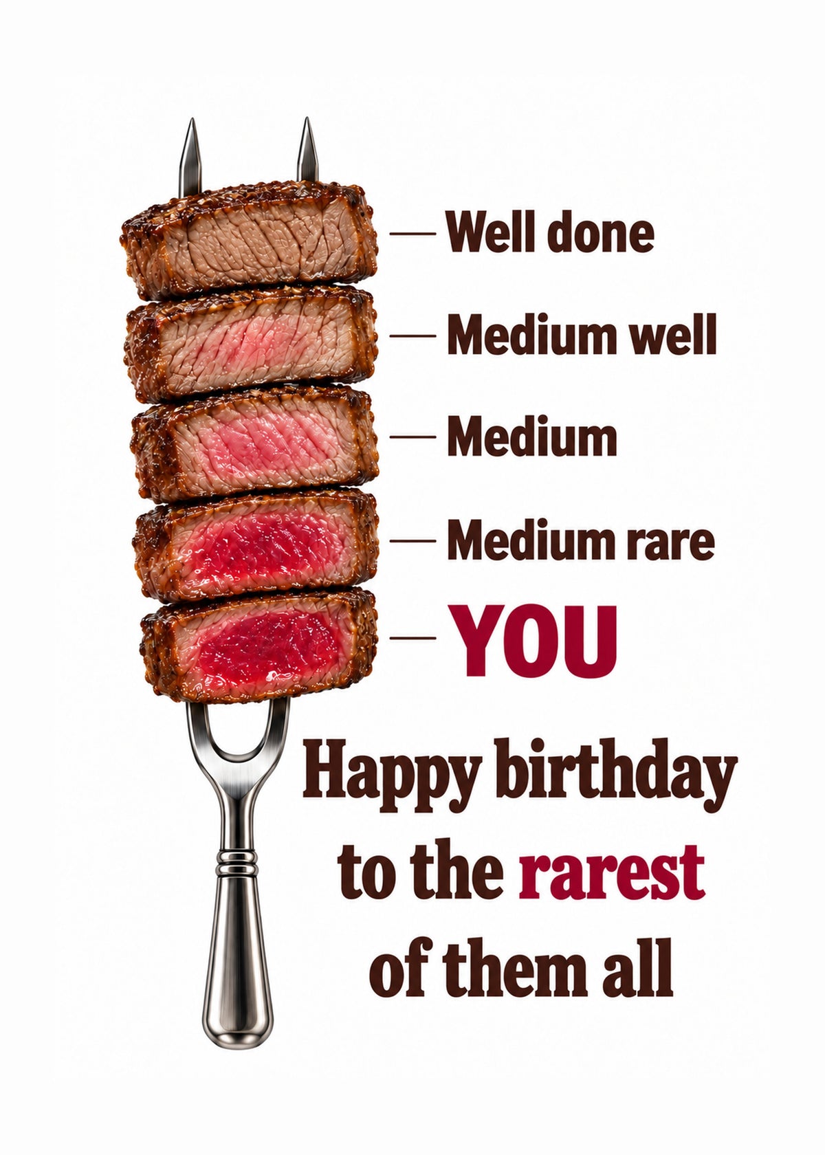 Funny birthday card showing a steak doneness chart skewered on a carving fork, from well done down to 'YOU', by Gigglz