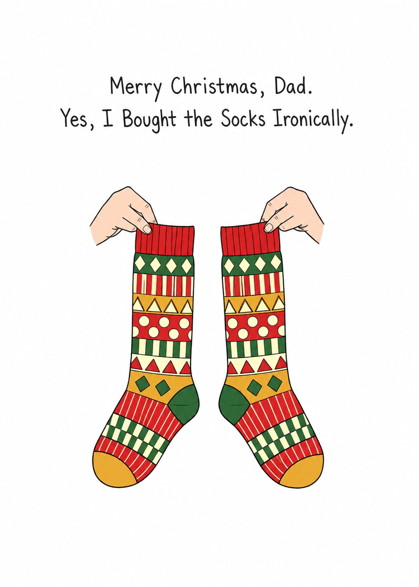 Funny Christmas card with Bought the Socks Ironically text, by Gigglz