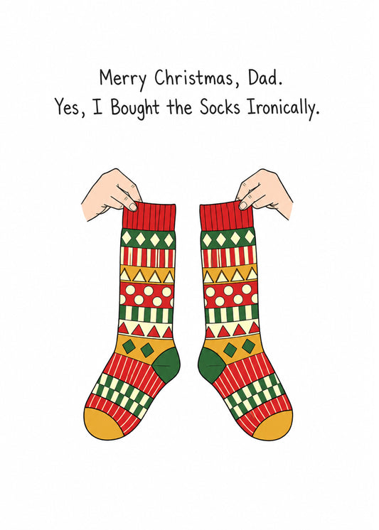 Funny Christmas card with Bought the Socks Ironically text, by Gigglz