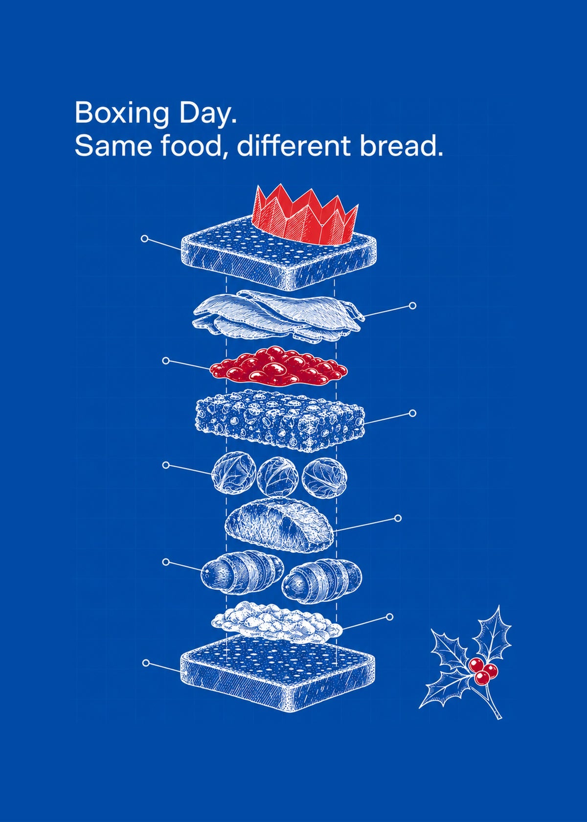 Funny Christmas card showing a blueprint-style exploded diagram of a leftovers sandwich with turkey, cranberry, by Gigglz