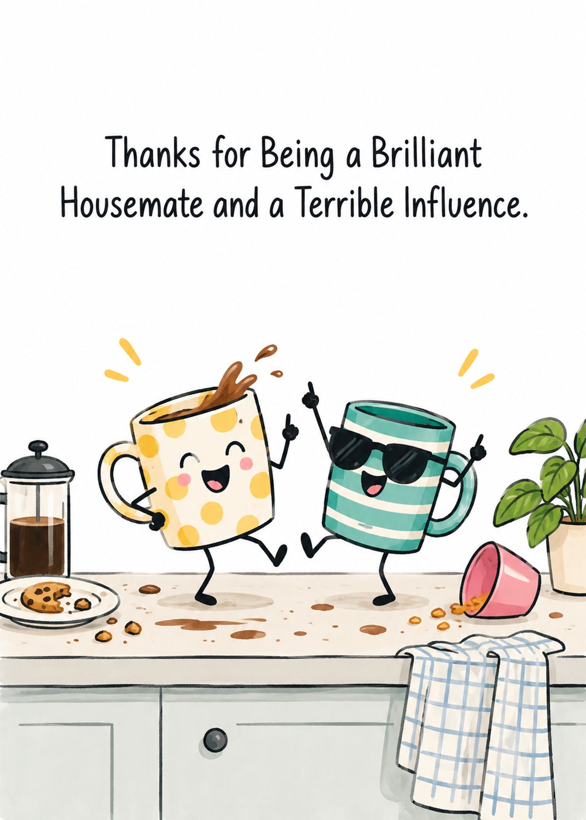 Funny thank you card showing two party-mode cartoon mugs dancing on a messy kitchen counter with spilt coffee, by Gigglz