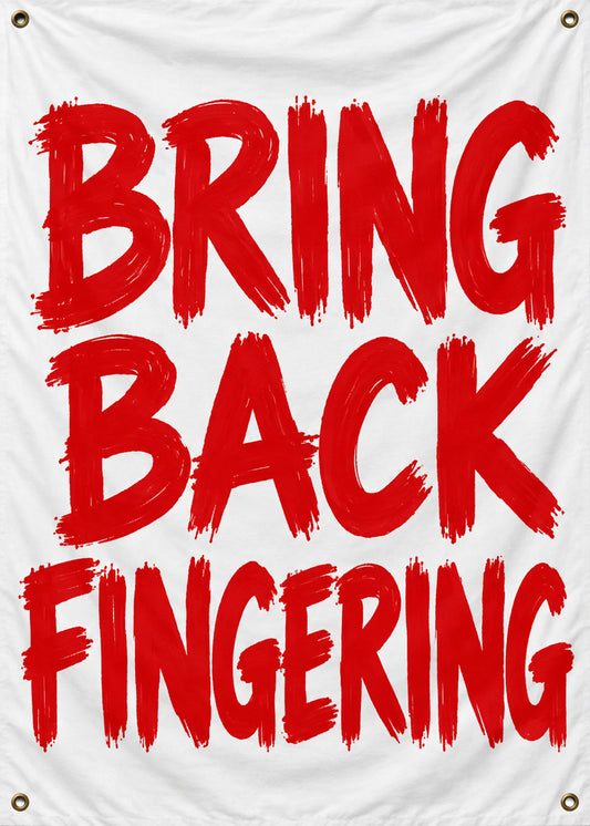 Funny birthday card showing a hand-painted red slogan on a white fan banner with brass eyelets, styled like, by Gigglz