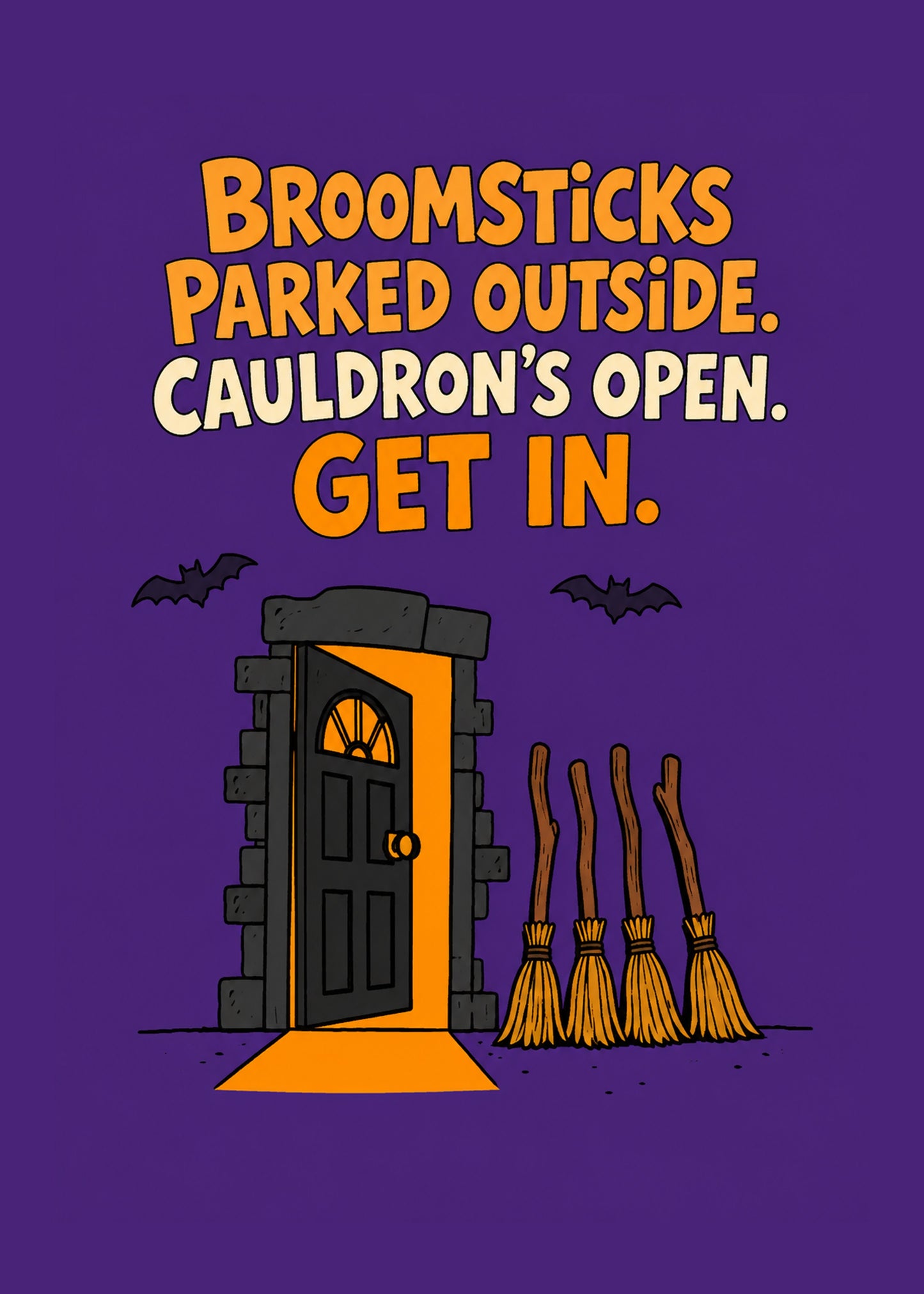 Funny Halloween card with Broomsticks Parked Outside text, by Gigglz