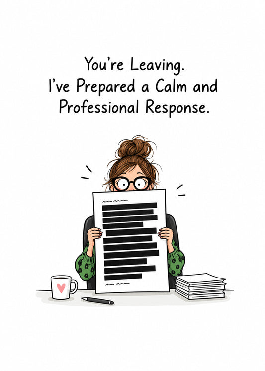 Funny leaving card showing a wide-eyed colleague holding up a heavily redacted letter at her desk on a white, by Gigglz