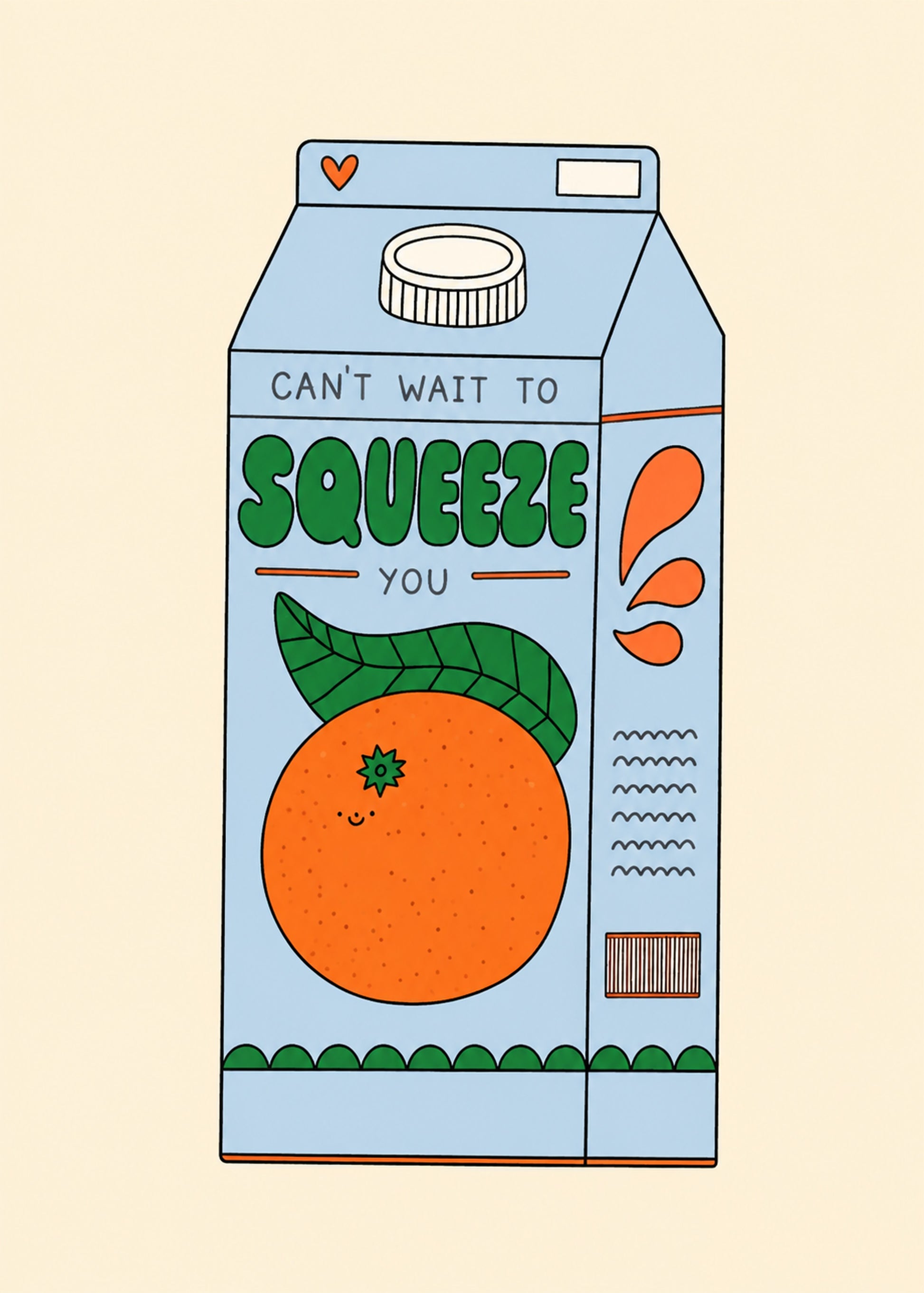 Funny anniversary card showing a playful orange juice carton with a smiling orange illustration, by Gigglz