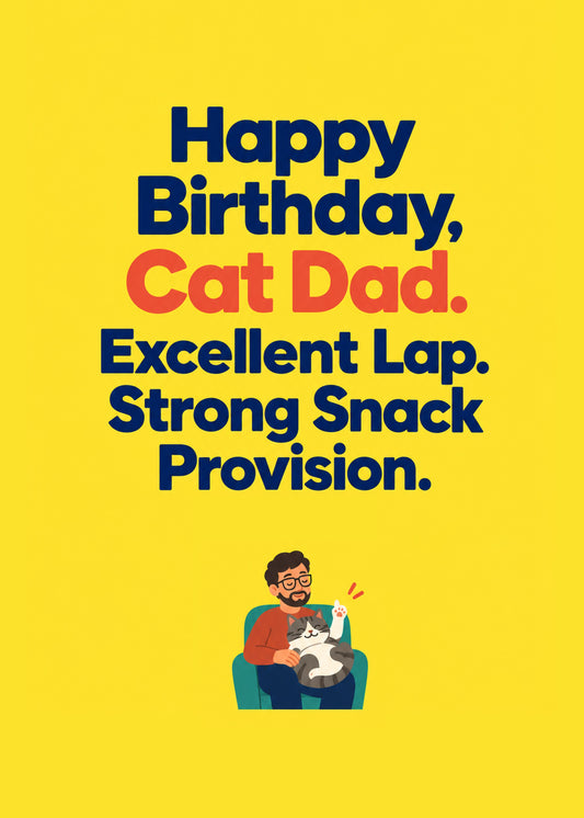 Funny birthday card showing bold navy and coral lettering above a small cartoon of a bearded man with a contented, by Gigglz