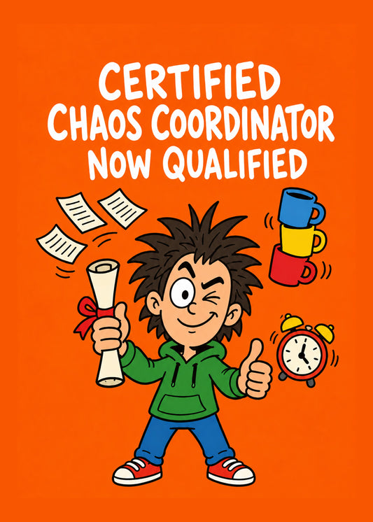 Funny congratulations card showing a grinning student holding a diploma with juggled coffee cups and paperwork, by Gigglz