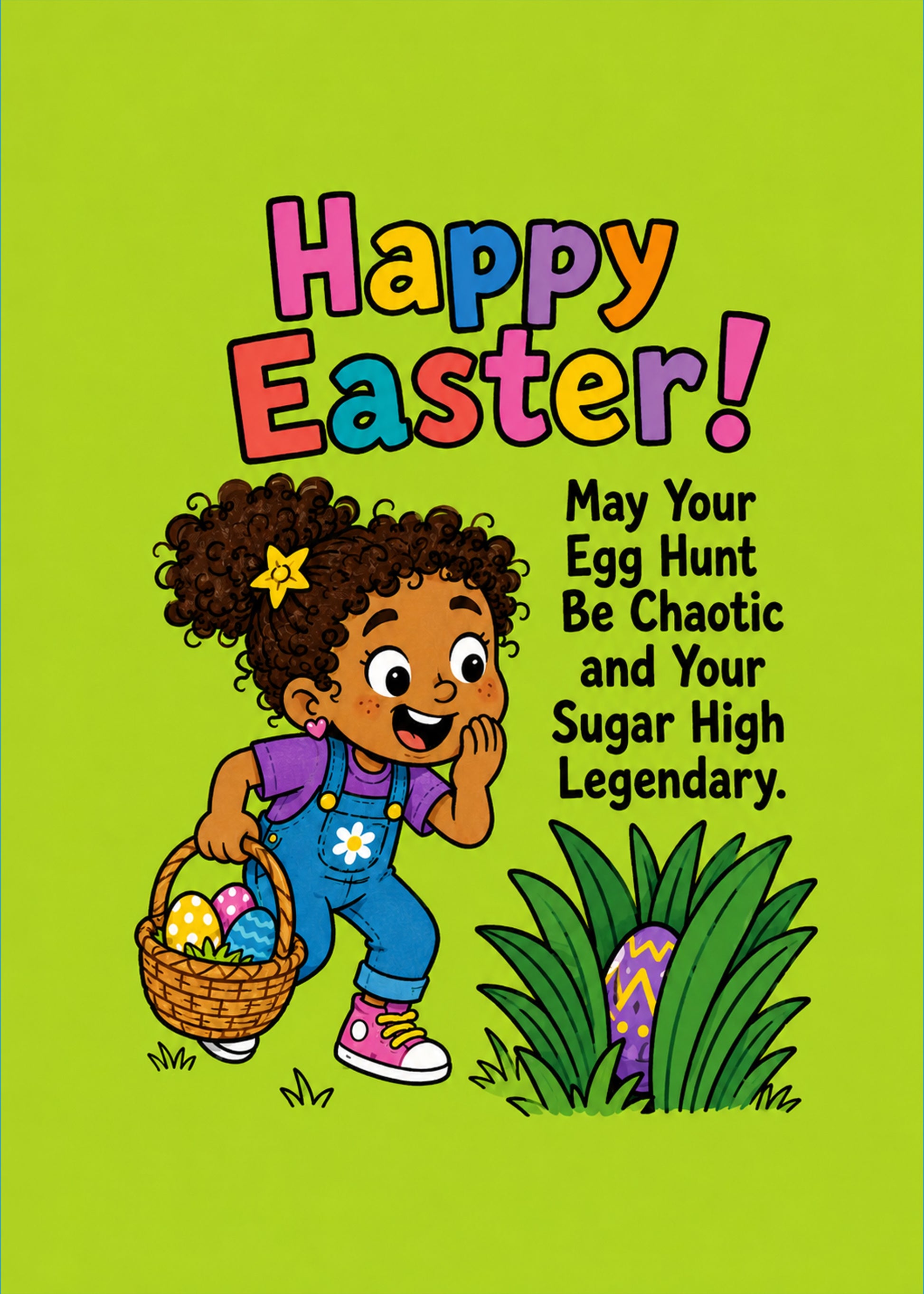 Funny Easter card showing a delighted child with an Easter basket hunting eggs in the grass, by Gigglz