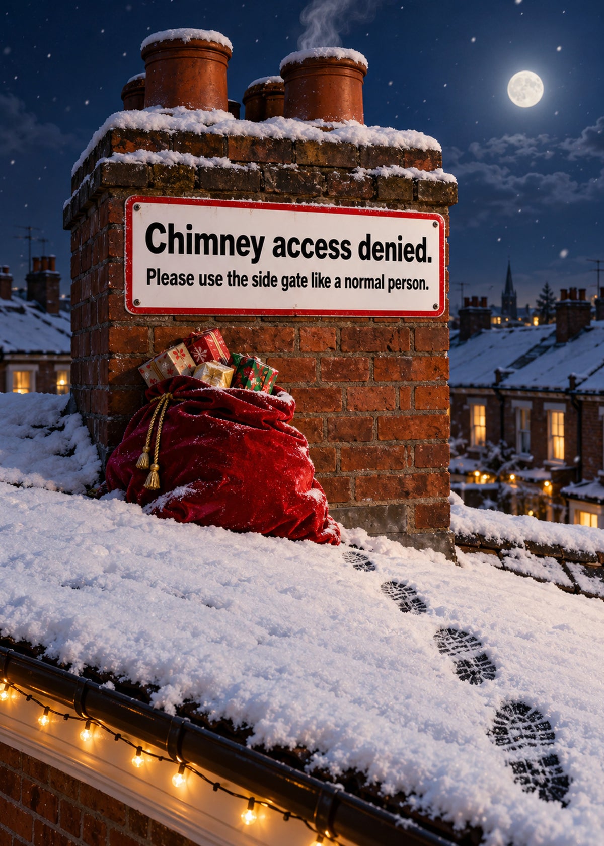 Funny Christmas card showing a photoreal snowy rooftop at night with a warning sign bolted to the chimney, by Gigglz