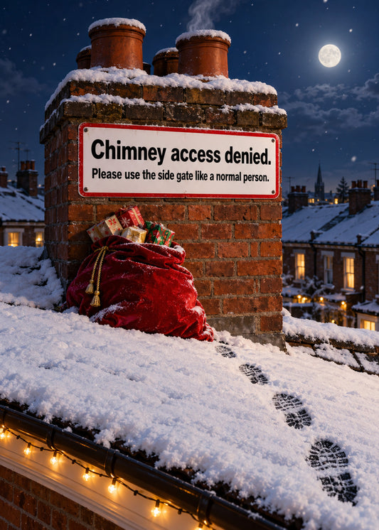 Funny Christmas card showing a photoreal snowy rooftop at night with a warning sign bolted to the chimney, by Gigglz