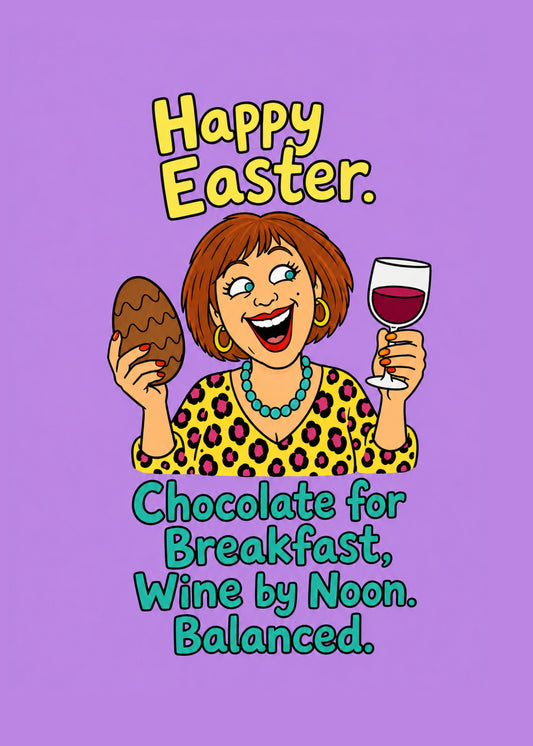Funny Easter card showing a laughing woman holding a chocolate egg and a glass of wine, by Gigglz