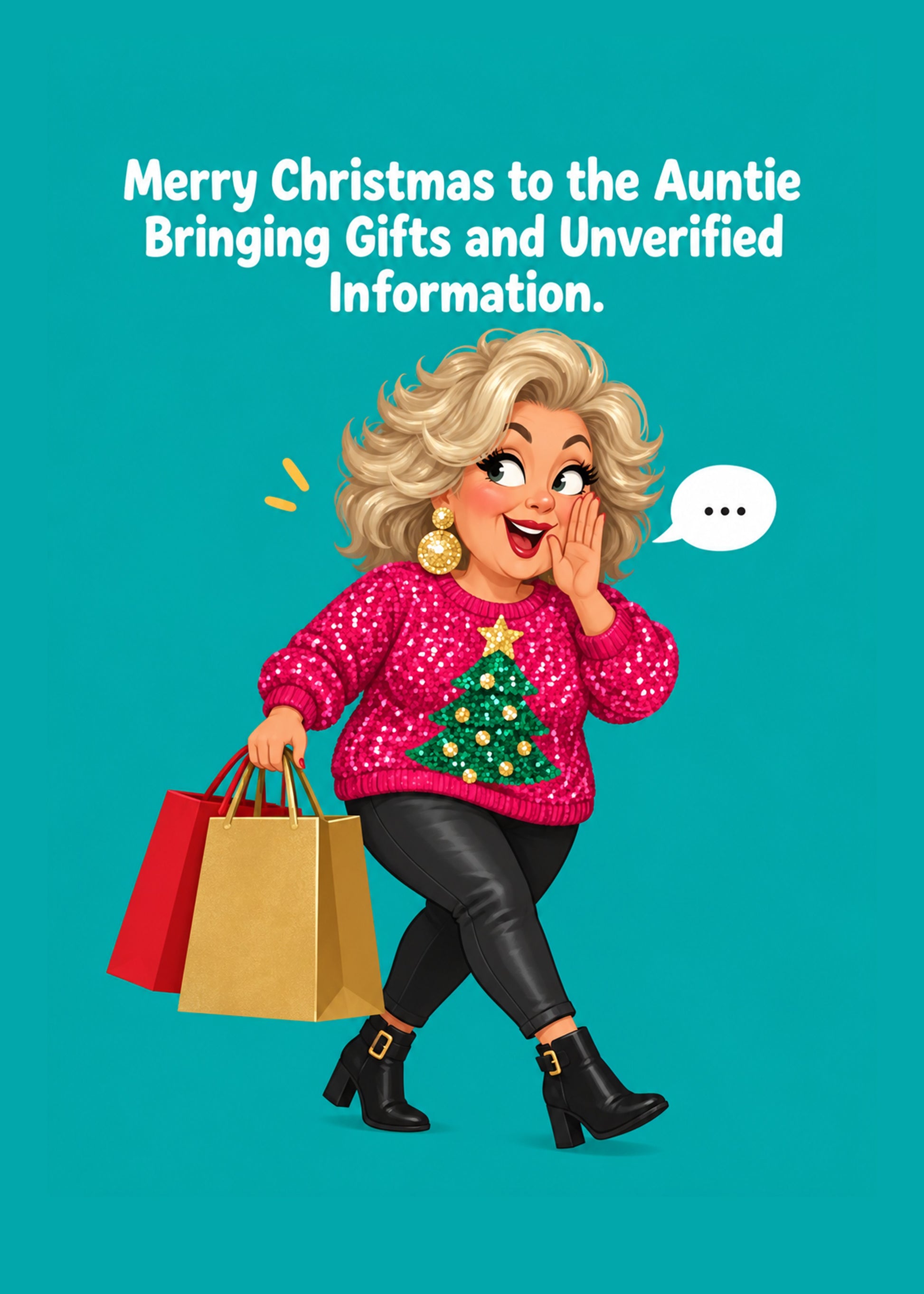 Funny Christmas card showing a glamorous auntie in a Christmas jumper mid-gossip with shopping bags, by Gigglz