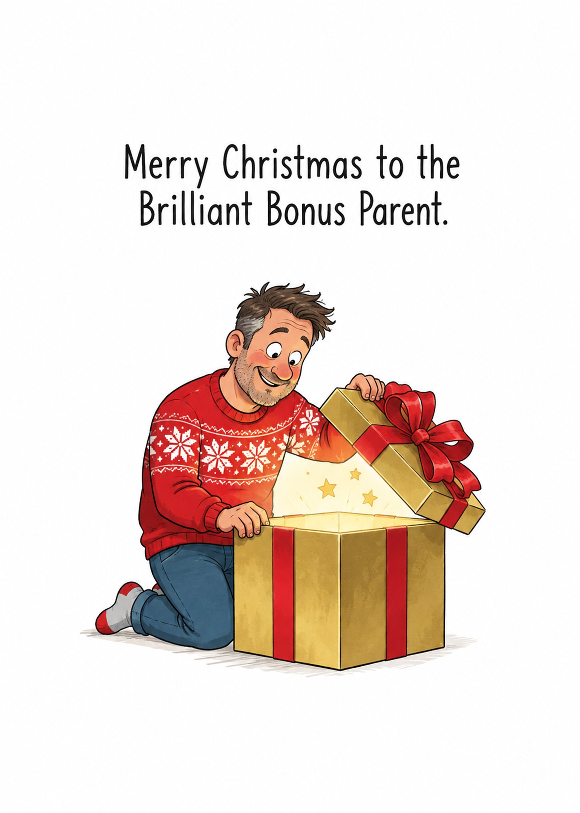 Funny Christmas card showing a smiling man in a festive jumper opening a gift box, by Gigglz