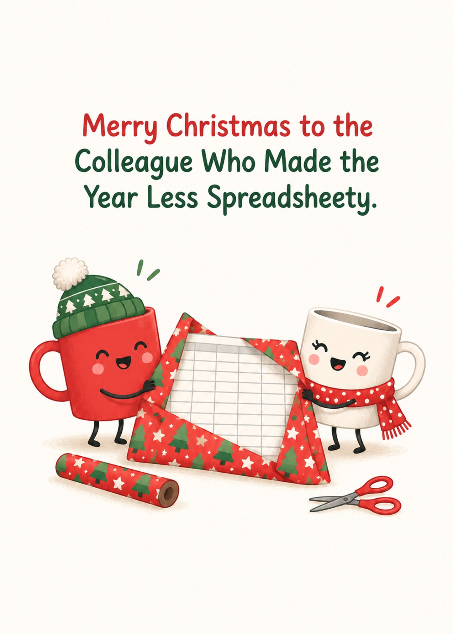 Funny Christmas card showing two mug characters wrapping a spreadsheet as a gift, with Less Spreadsheety text, by Gigglz