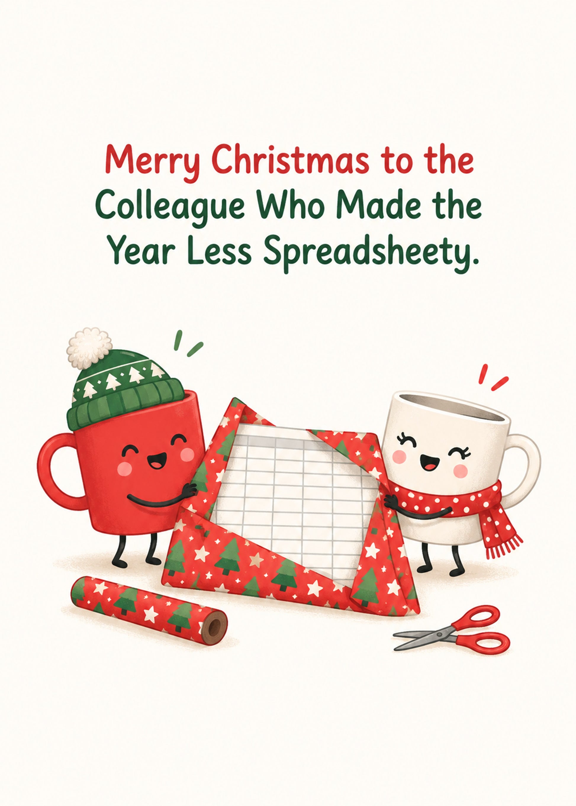 Funny Christmas card showing two mug characters wrapping a spreadsheet as a gift, with Less Spreadsheety text, by Gigglz