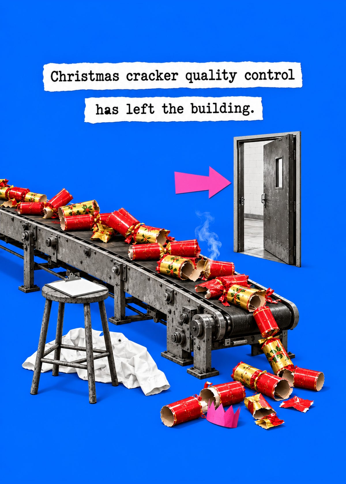 Funny Christmas card showing a photoreal factory conveyor belt spilling broken Christmas crackers beside an empty, by Gigglz