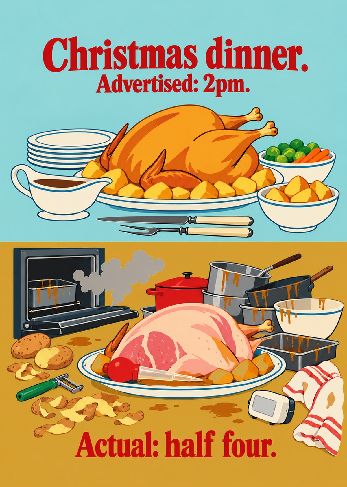 Funny Christmas card showing a split retro illustration of a perfect roast turkey advert above a chaotic, by Gigglz