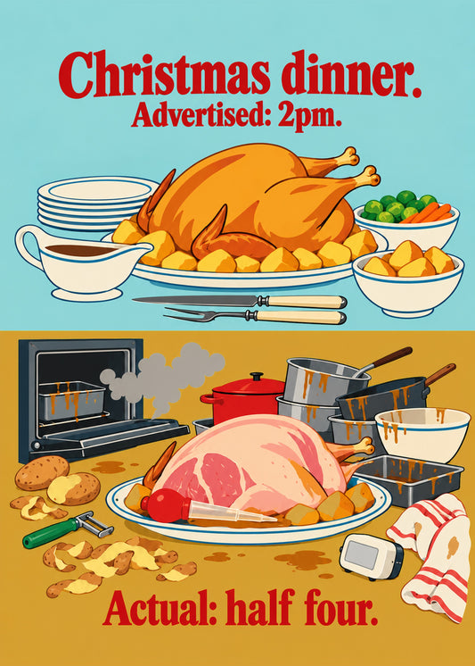 Funny Christmas card showing a split retro illustration of a perfect roast turkey advert above a chaotic, by Gigglz
