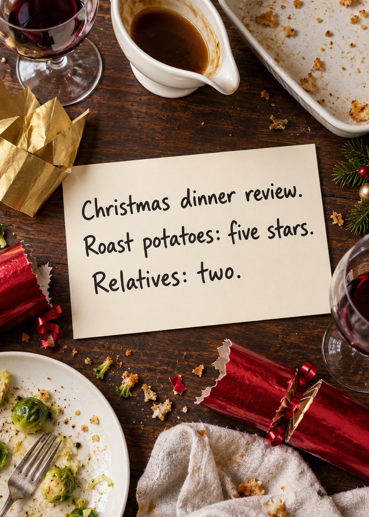 Funny Christmas card showing a handwritten review note lying on a wrecked Christmas dinner table among gravy, by Gigglz