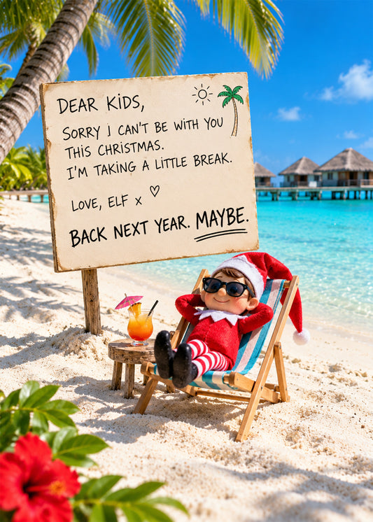 Funny Christmas card showing a photoreal toy elf in sunglasses relaxing in a deckchair on a tropical beach beneath, by Gigglz