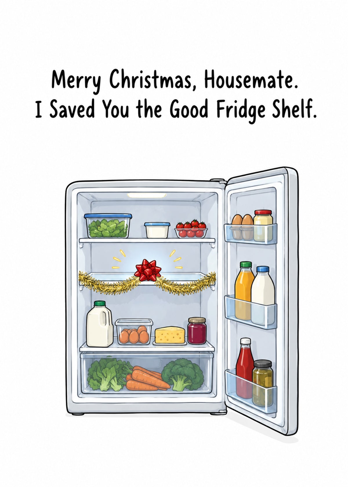 Funny Christmas card showing an open fridge with a tinsel-draped shelf, with The Good Fridge Shelf text, by Gigglz