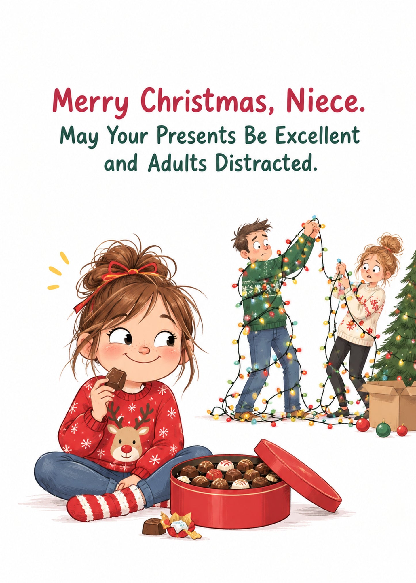 Funny Christmas card showing a girl sneaking chocolates while adults untangle lights, with Presents Excellent text, by Gigglz