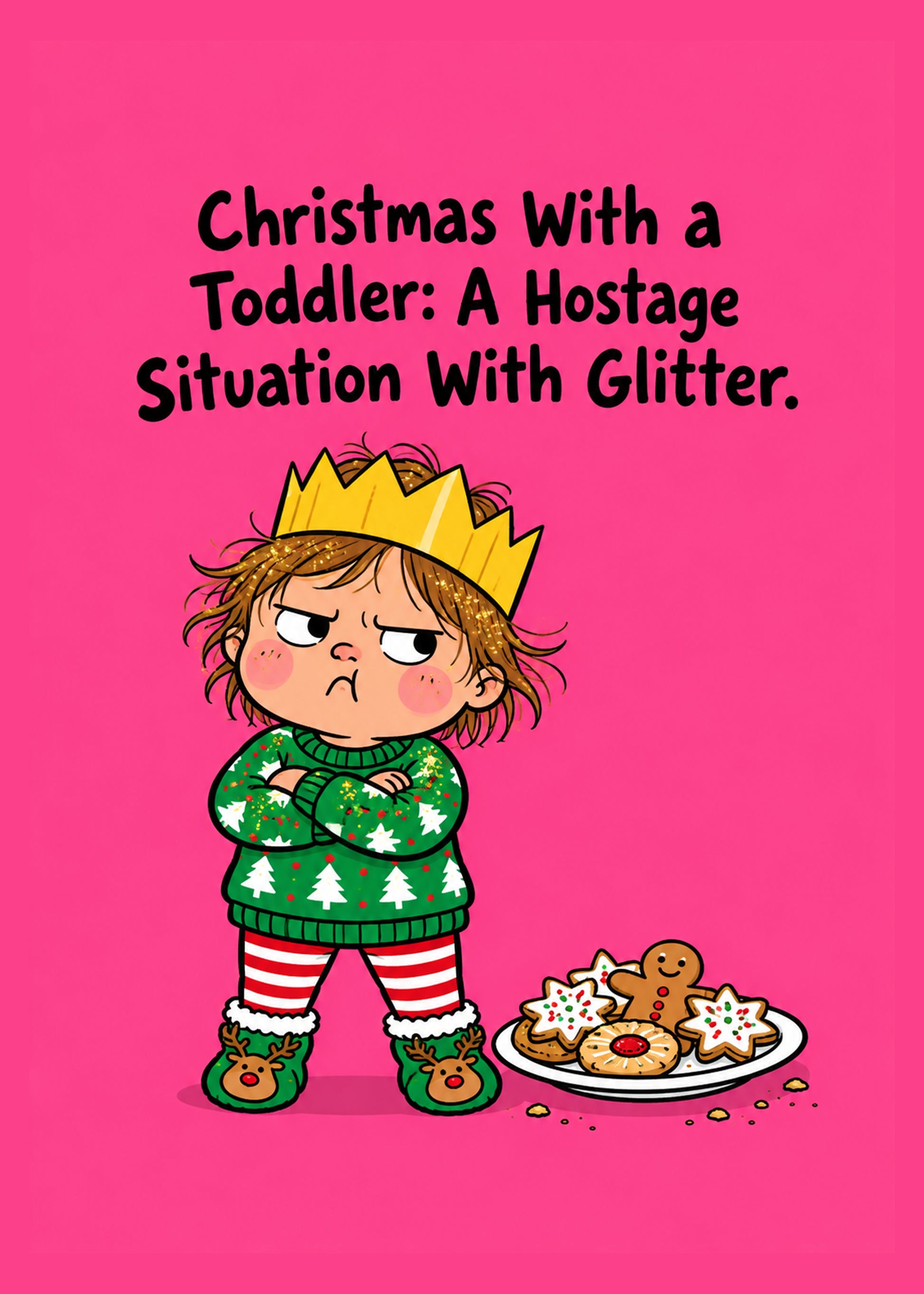Funny Christmas card showing a grumpy toddler in a paper crown beside squashed mince pies, by Gigglz