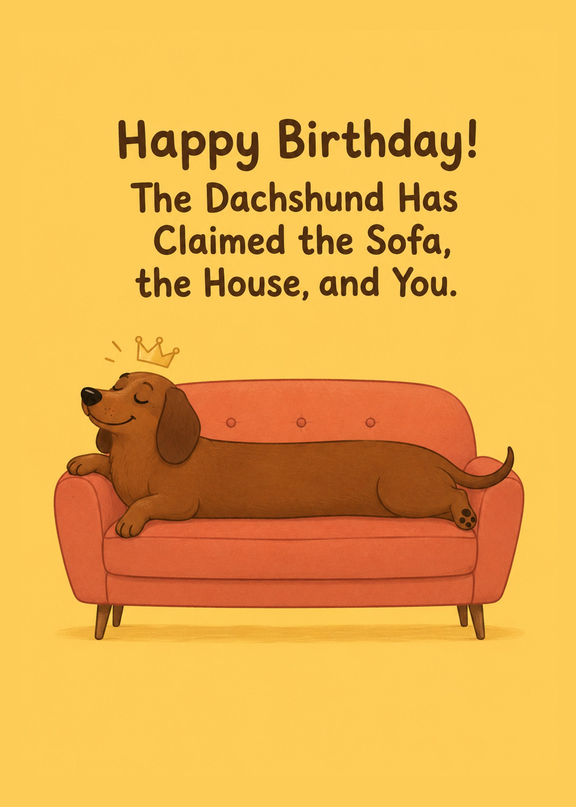 Funny birthday card showing a contented dachshund with a little crown stretched out on a coral sofa, by Gigglz