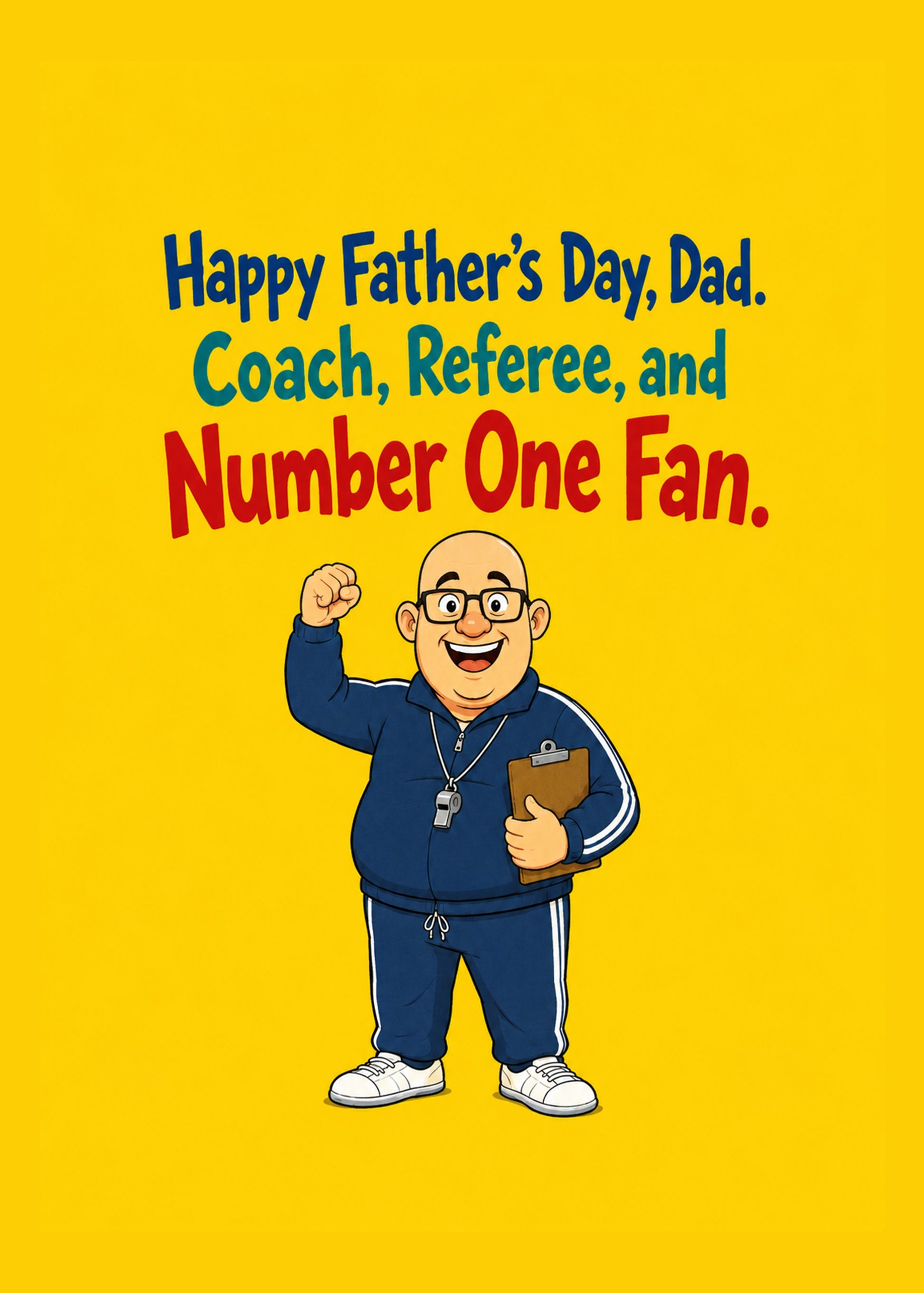 Funny Father's Day card showing a cheering dad in a tracksuit with whistle and clipboard, with Coach text, by Gigglz