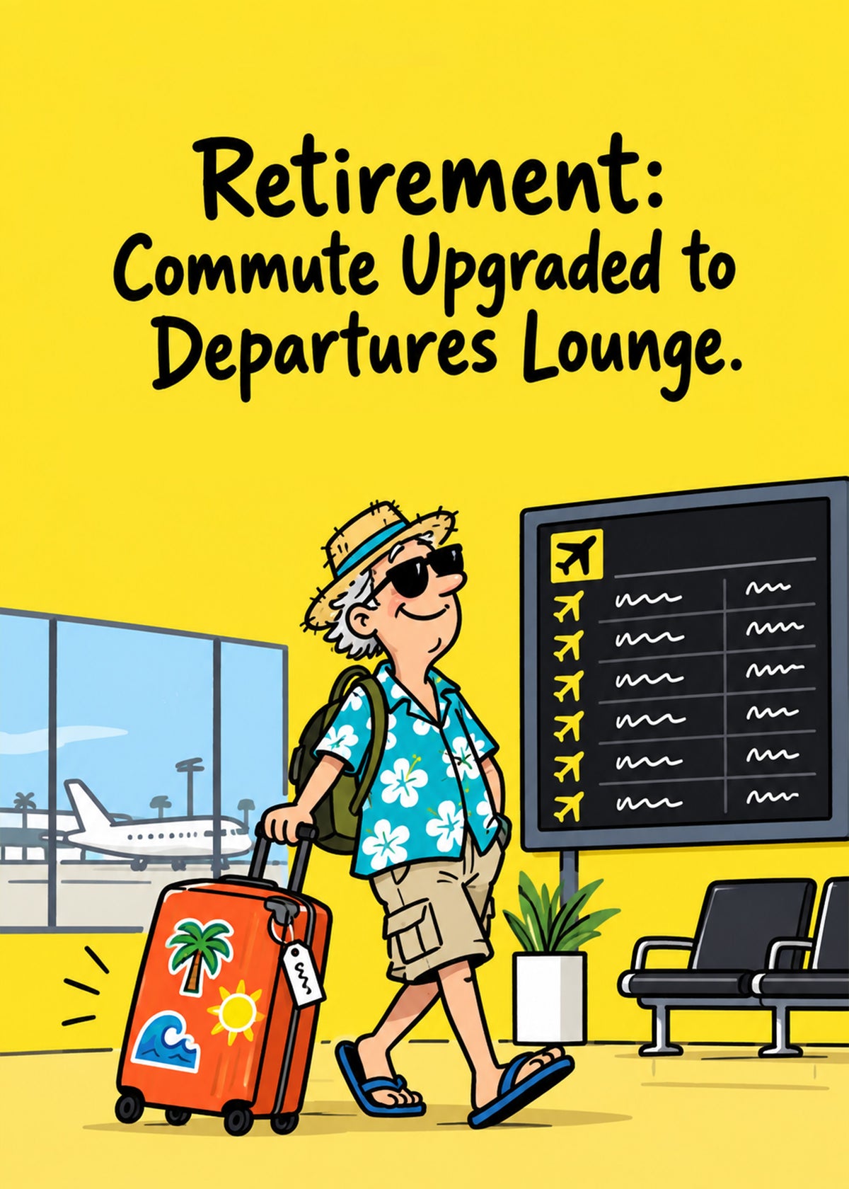Funny retirement card showing a happy retiree in a Hawaiian shirt and straw hat wheeling a sticker-covered, by Gigglz