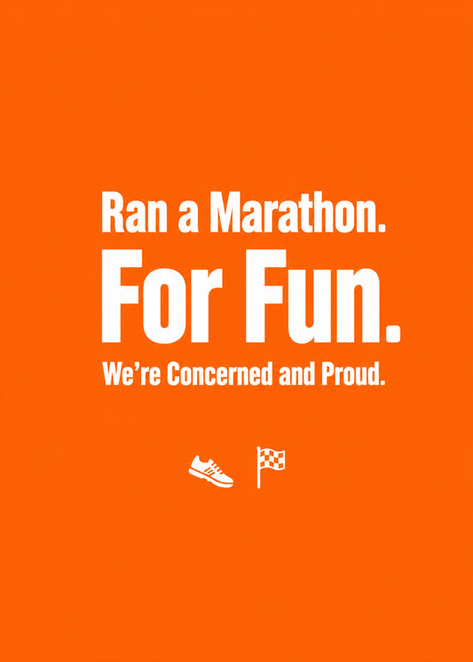 Funny congratulations card showing bold text with a small running trainer and chequered finish flag, by Gigglz