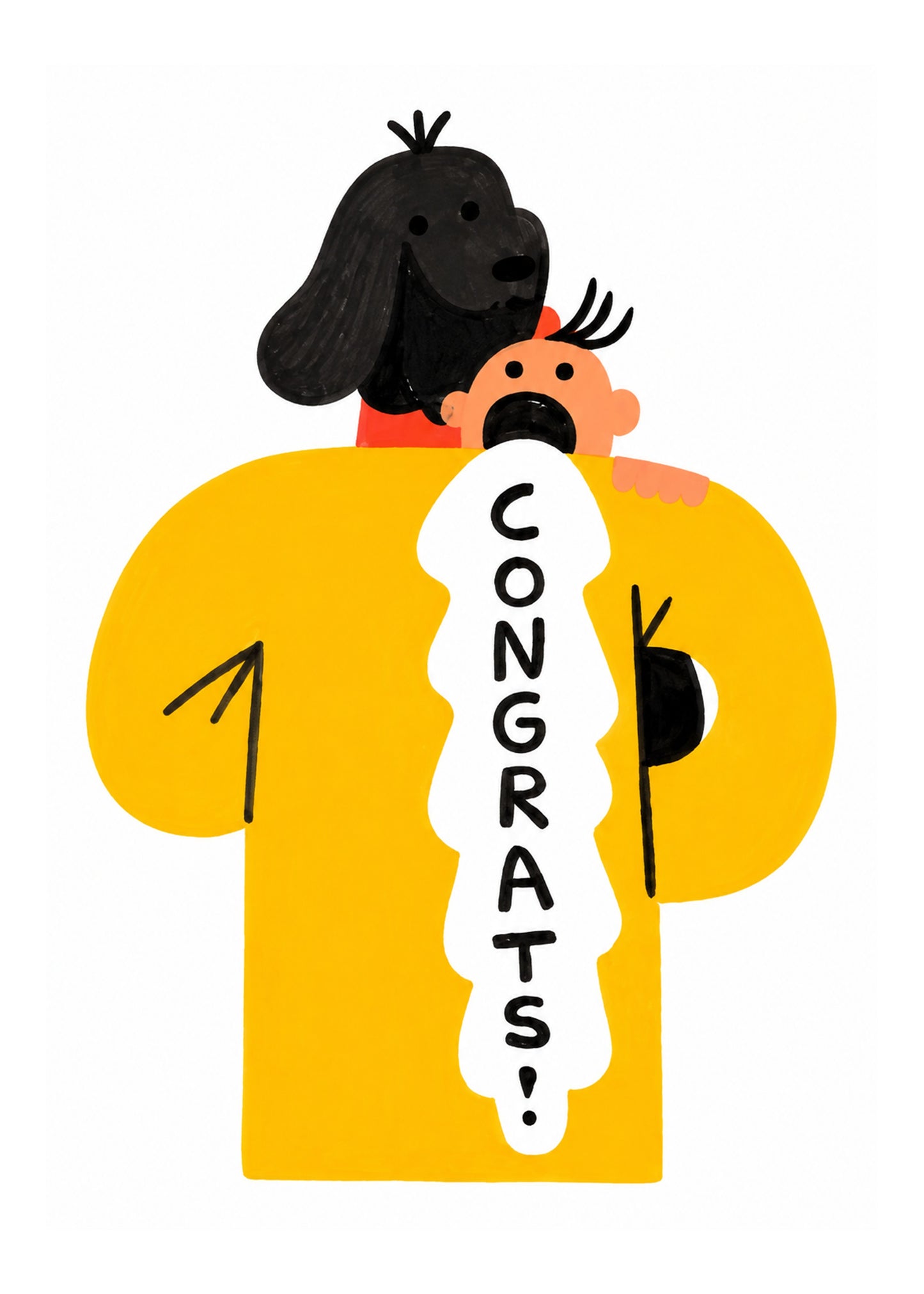 Funny new baby card showing a baby being sick down an adult's top while a dog looks on, with Congrats text, by Gigglz