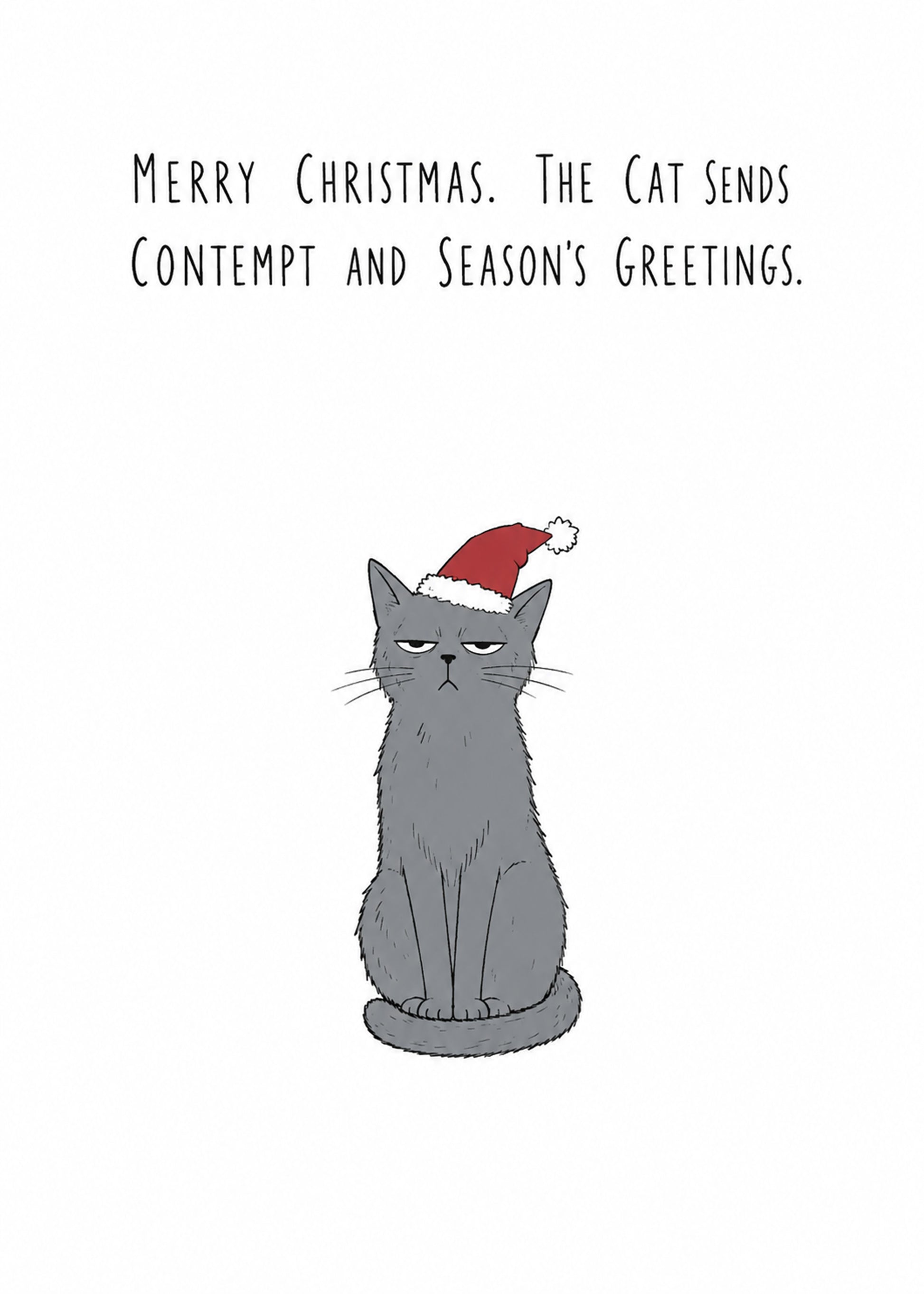 Funny Christmas card showing a grumpy grey cat wearing a Santa hat, by Gigglz