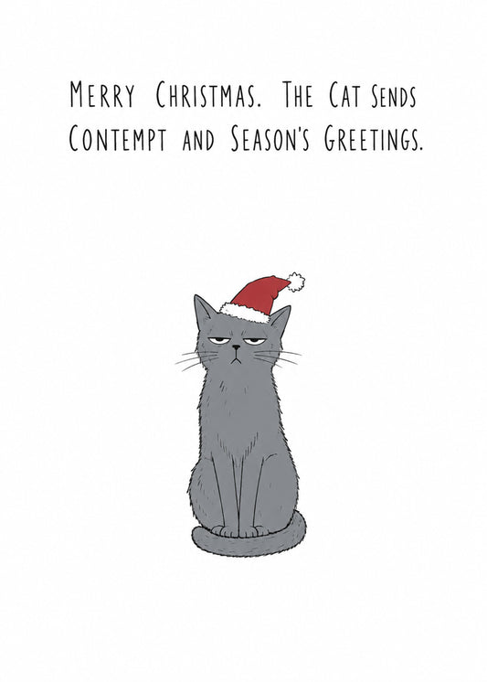 Funny Christmas card showing a grumpy grey cat wearing a Santa hat, by Gigglz