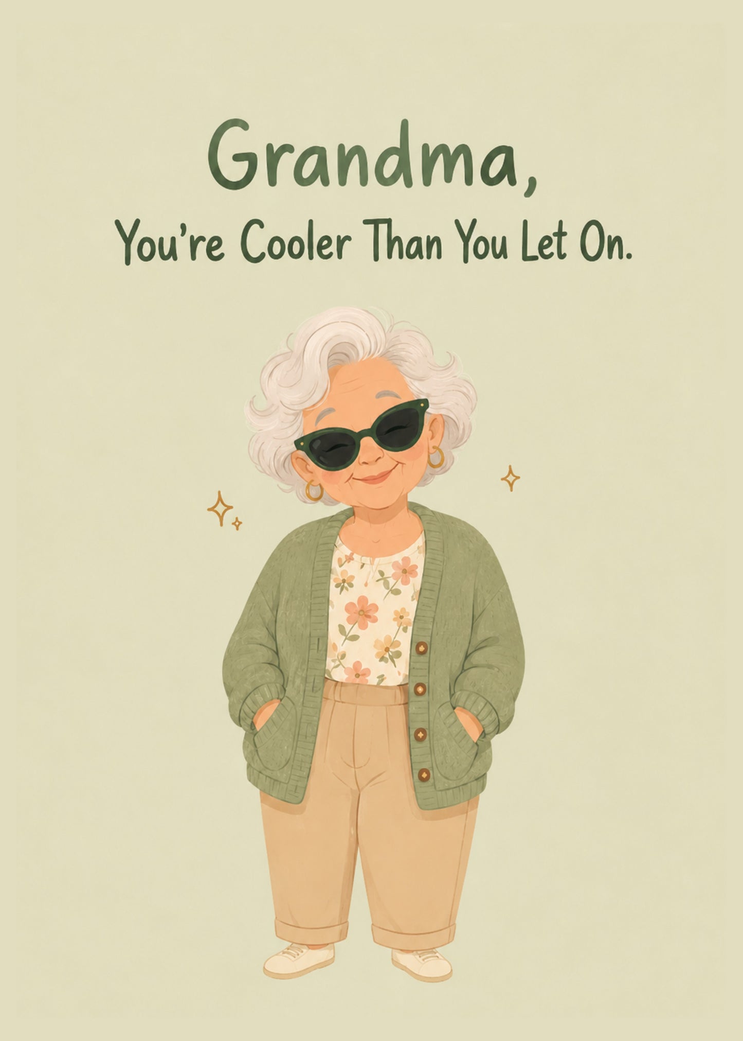 Cute Grandparents Day card showing a stylish illustrated grandma in sunglasses and a green cardigan, by Gigglz