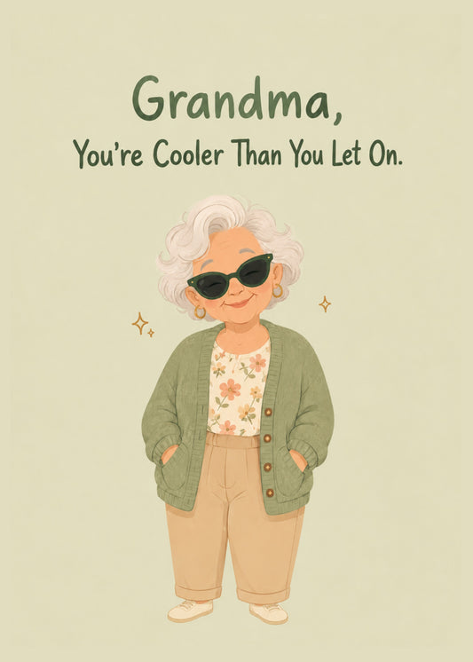 Cute Grandparents Day card showing a stylish illustrated grandma in sunglasses and a green cardigan, by Gigglz