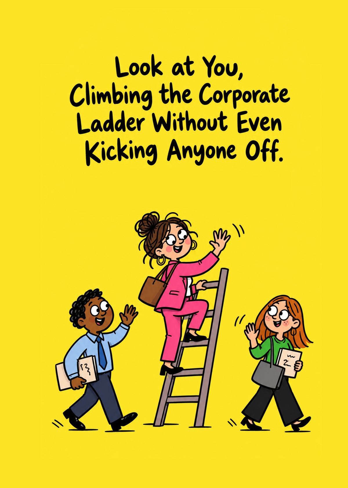 Funny leaving card showing a smiling colleague in a pink suit climbing a ladder while cheering co-workers wave, by Gigglz