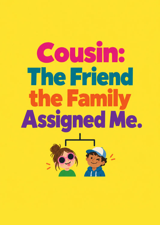 Funny birthday card showing bold pink, teal and purple lettering above a tiny family-tree diagram of two grinning, by Gigglz