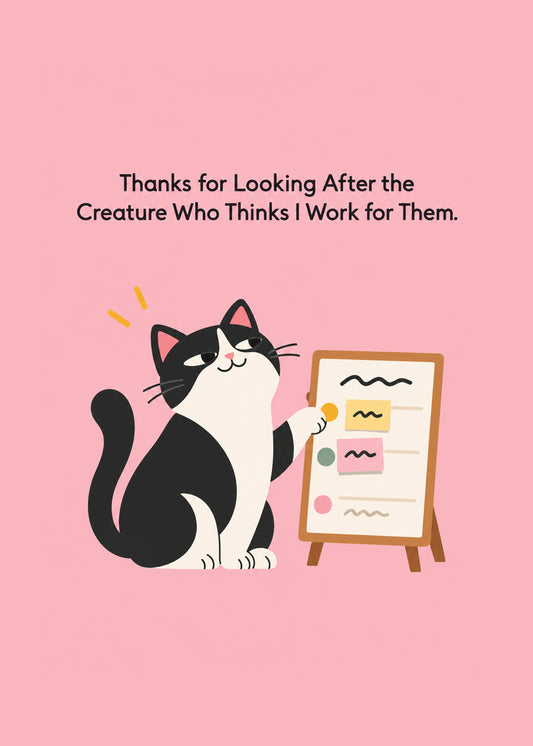 Funny thank you card showing a bossy black-and-white cat presenting a to-do list on a flip chart on a pink ground, by Gigglz