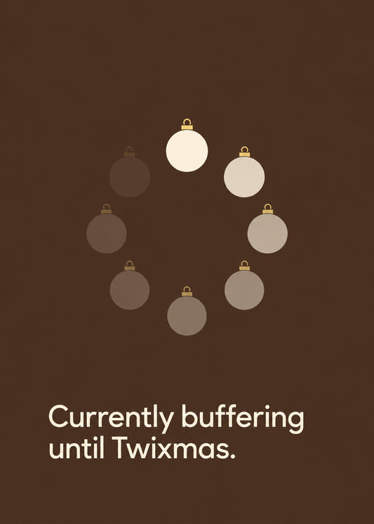 Funny Christmas card showing a ring of baubles fading like a loading spinner on a dark brown ground, with minimal, by Gigglz
