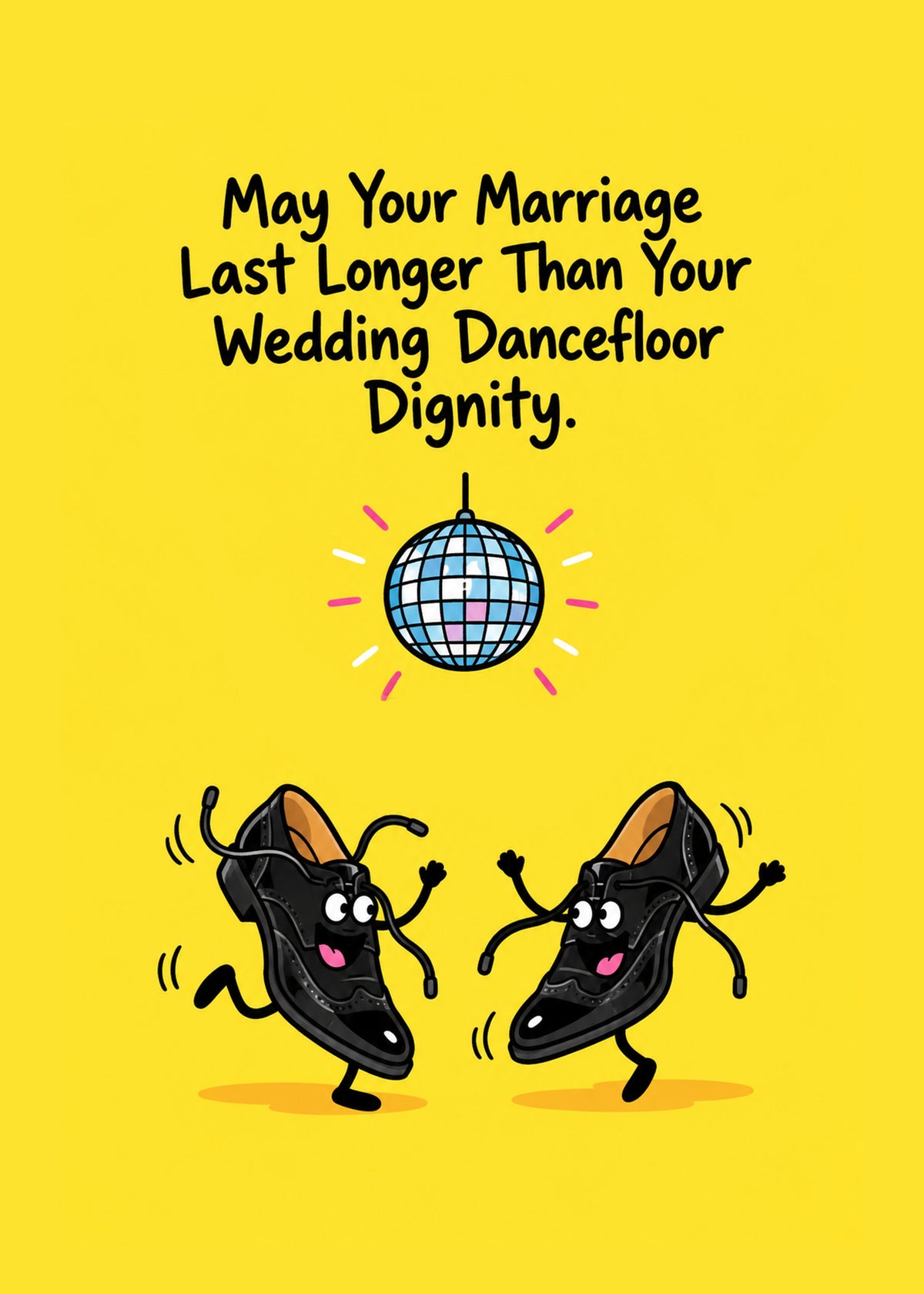 Funny wedding card showing two cartoon patent shoes dancing wildly beneath a glitter ball on a yellow ground, by Gigglz
