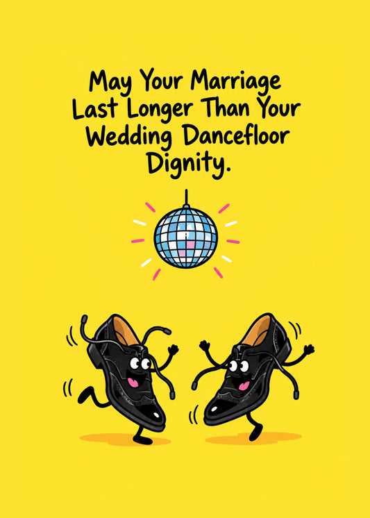 Funny wedding card showing two cartoon patent shoes dancing wildly beneath a glitter ball on a yellow ground, by Gigglz
