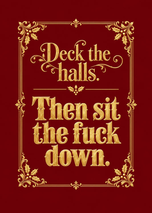Rude Christmas card showing ornate gold Victorian-style lettering inside a gilded holly-leaf frame on a deep, by Gigglz