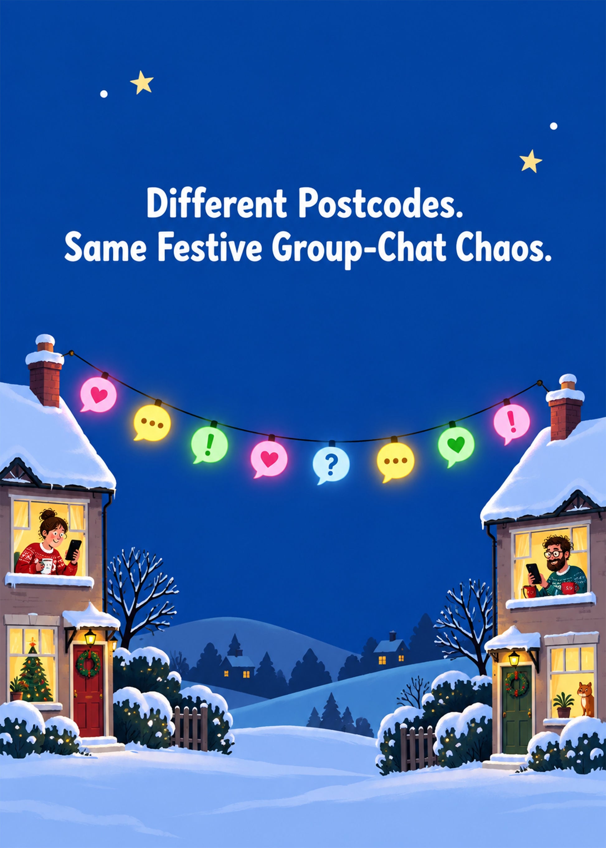 Funny Christmas card showing two snowy houses linked by a string of chat-bubble fairy lights, by Gigglz