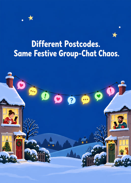 Funny Christmas card showing two snowy houses linked by a string of chat-bubble fairy lights, by Gigglz