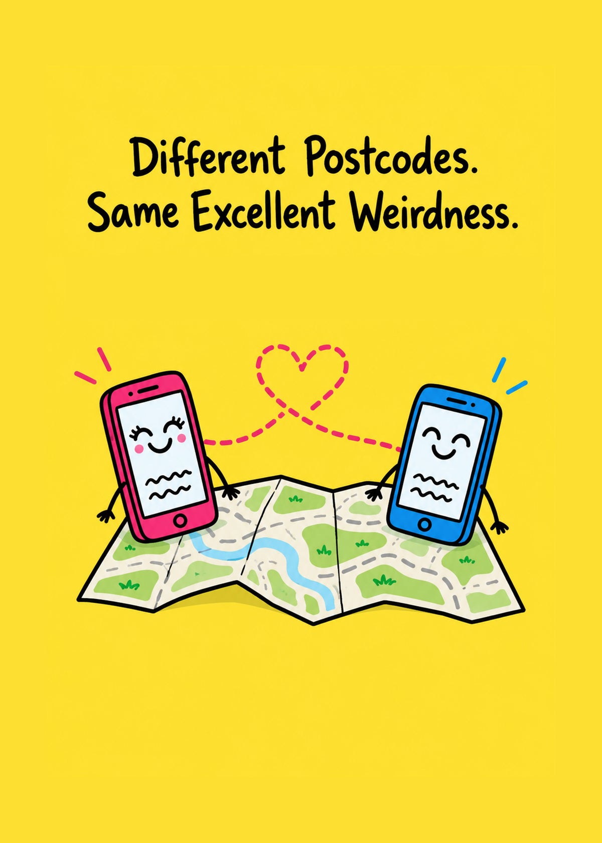 Funny friendship card showing two smiling cartoon phones linked by a dotted heart across an unfolded road map, by Gigglz